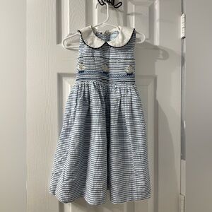 Windmill kids smocked blue seersucker stripe “sailboats” sundress
